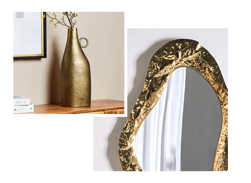 Retro brass and gold accessories including a vase and a mirror showcasing the detailed finish
