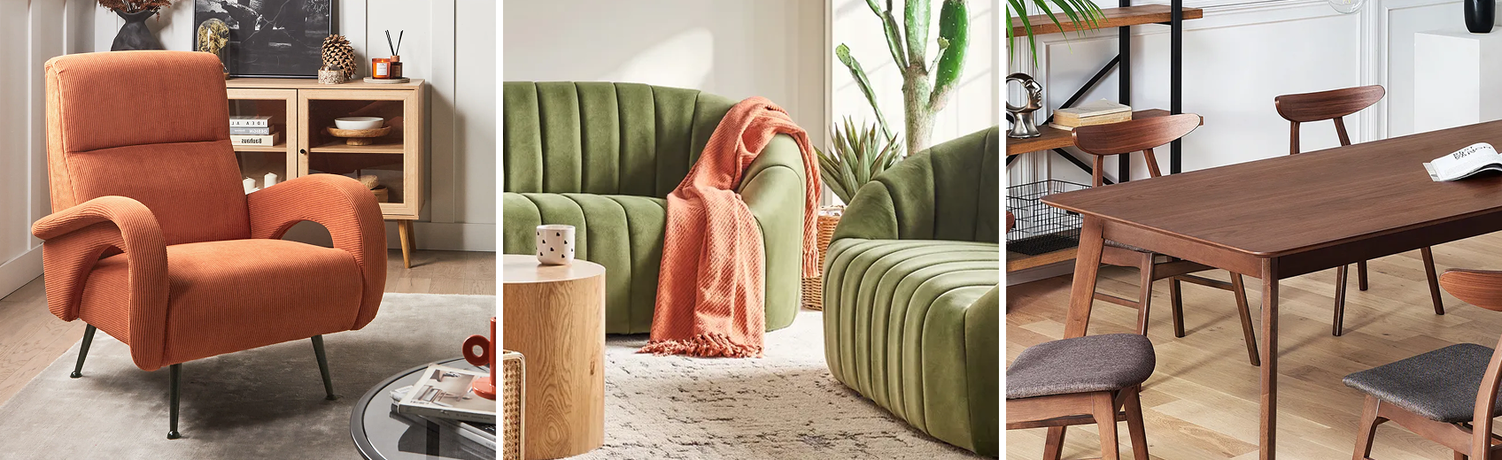 Collage of retro style interior design features including solid wood, rounded shapes and fabric textures