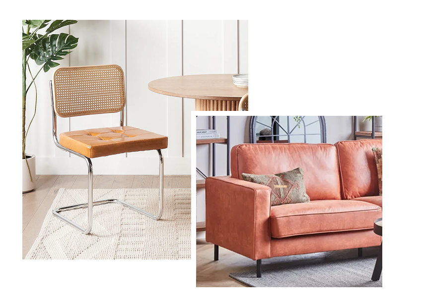 Retro faux leather chair and sofa in warm brown tones for cosy living room furniture