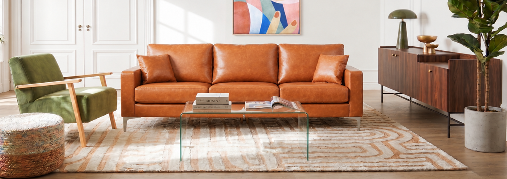 Retro style interior with wooden furniture and cosy earthy tones