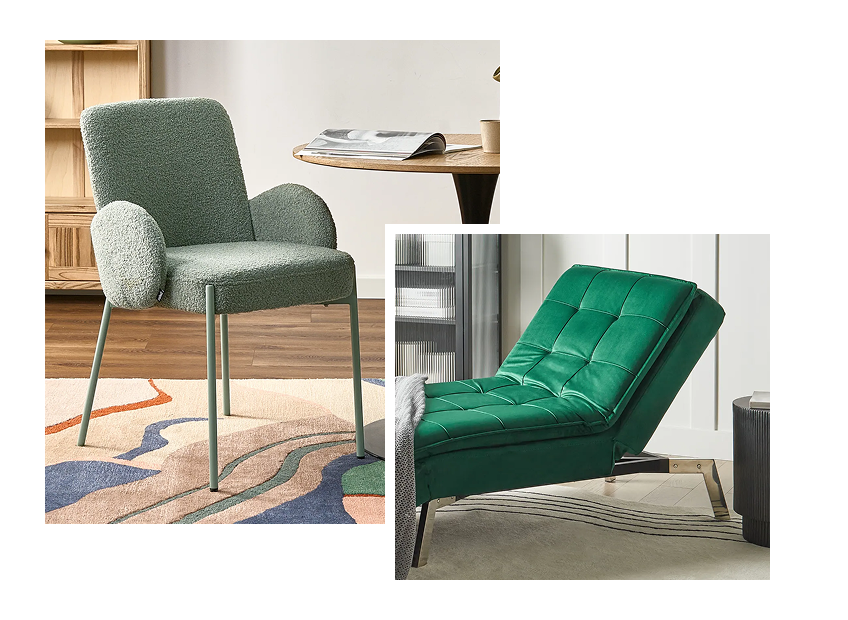 Retro boucle chair and velvet chaise lounge showcasing plush and shiny fabric texture
