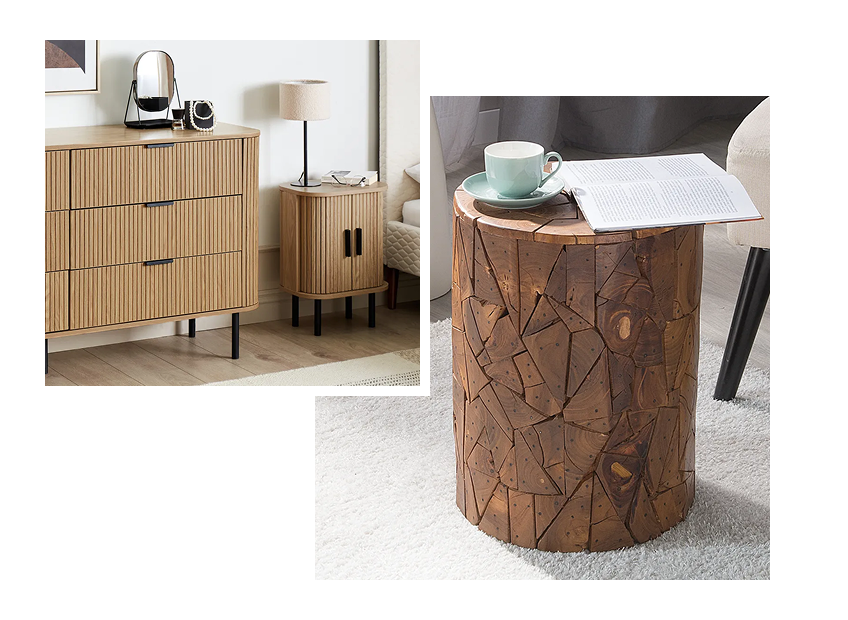 Wooden sideboard and a side table showcasing wood grains texture