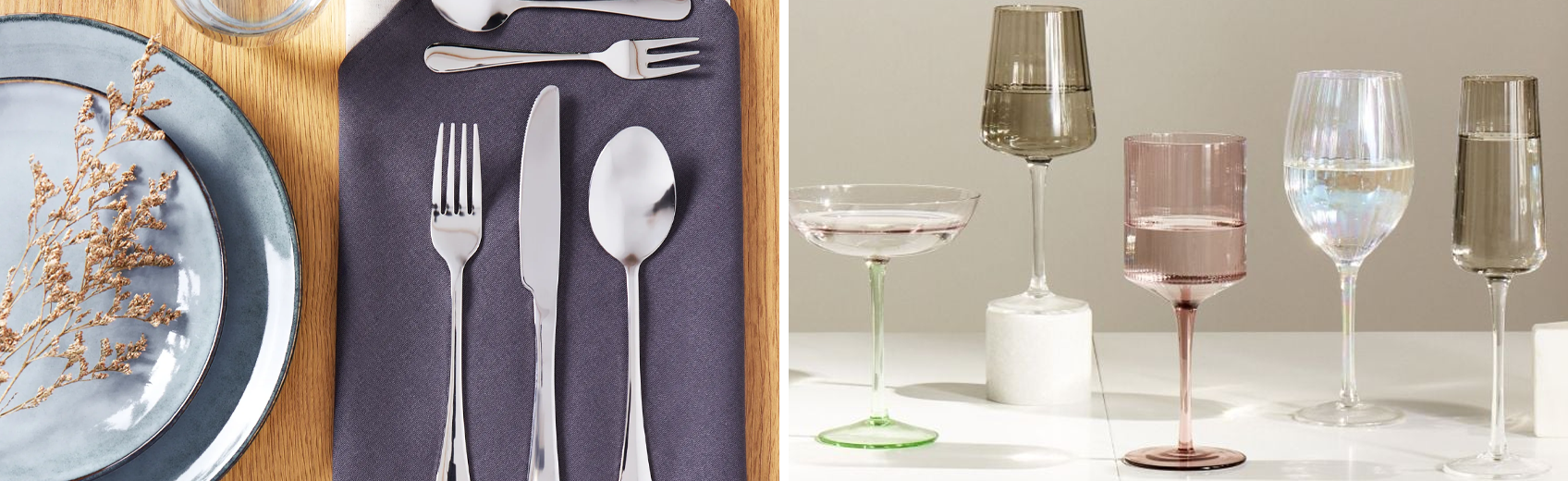 Photo showing sets of glassware in various colours and silver cutlery set