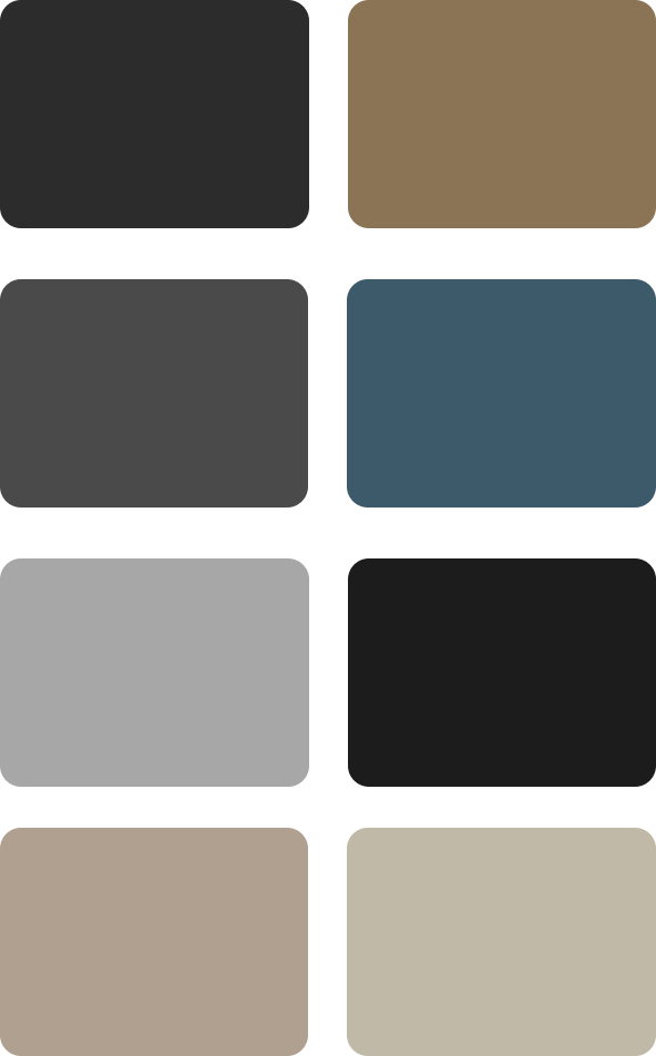Industrial colour palette: anthracite, graphite, steel grey, concrete beige, rust brown, steel blue, off black and light concrete