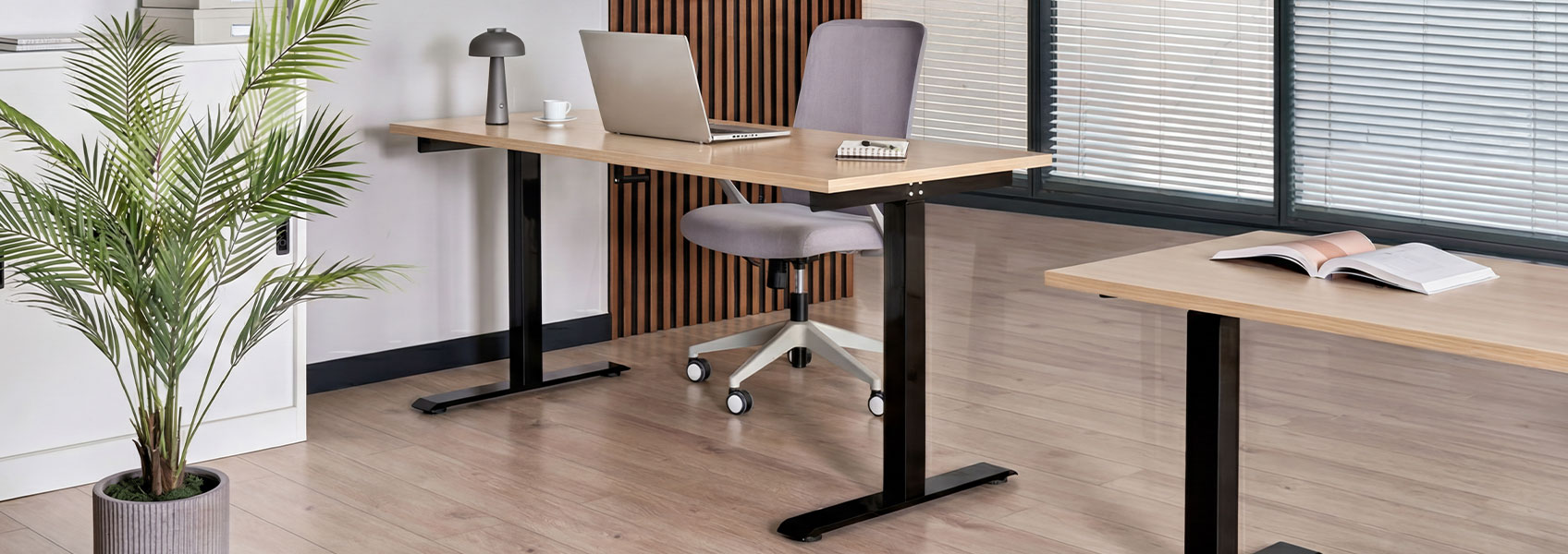 height-adjustable standing desk in a modern office setting