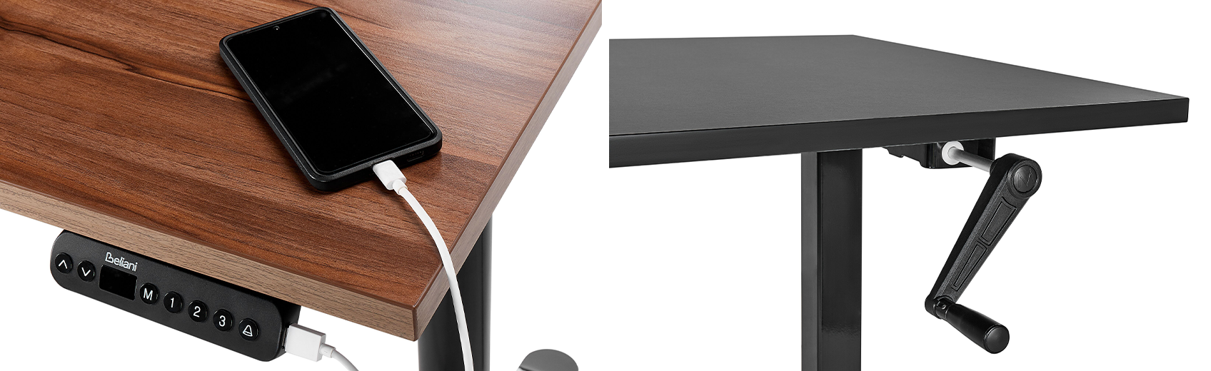 side-by-side comparison of electric and manual crank height-adjustable desks
