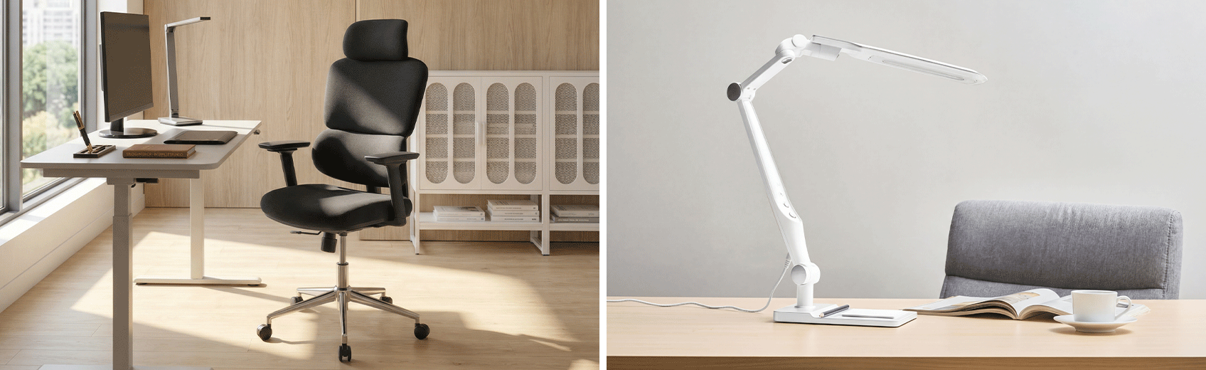 ergonomic home office setup with accessories including chair, lighting, and storage