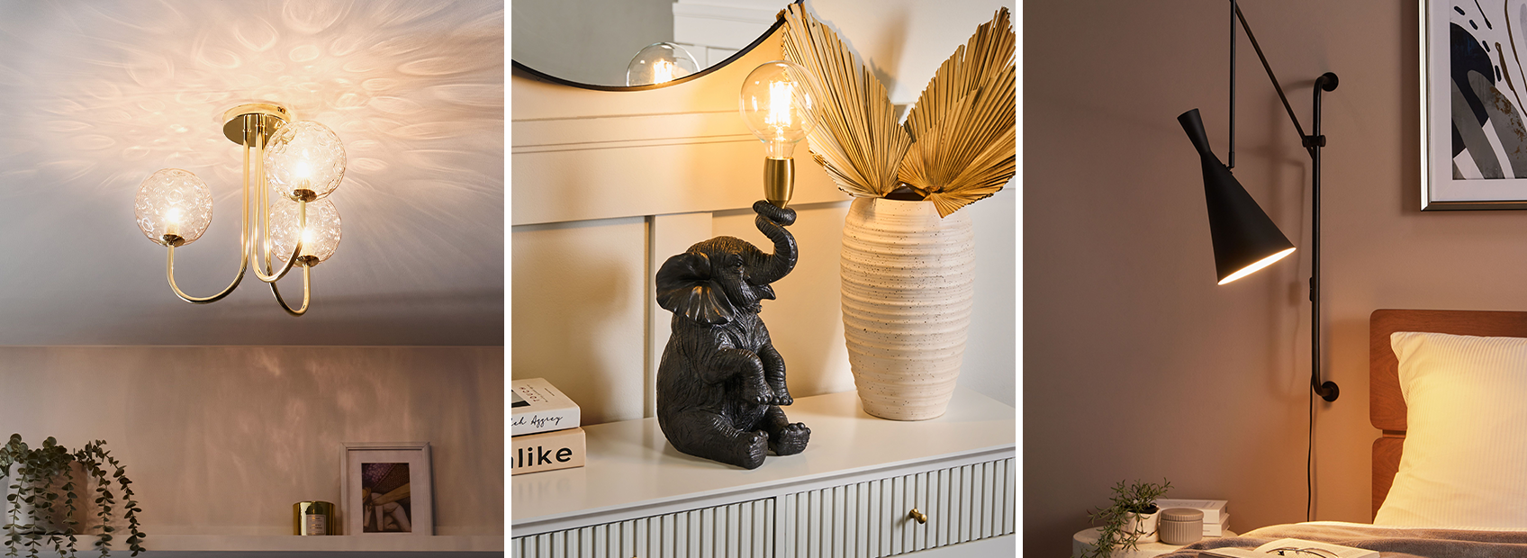 Three panels: a gold three-globe ceiling light, a black elephant table lamp, and a matte black wall sconce by a bed.