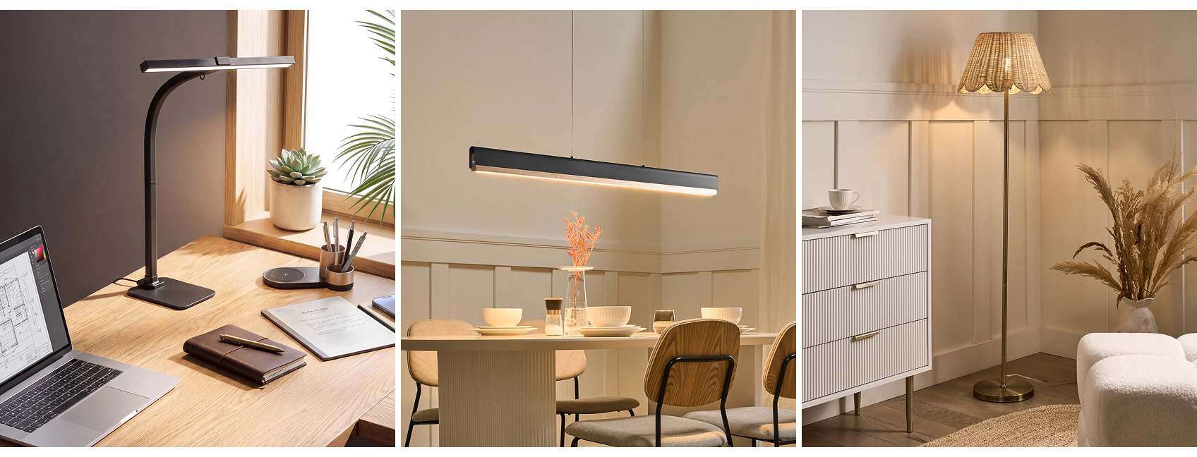 Three panels: a living room with a rattan pendant light, a gold squirrel table lamp, and a dog sleeping near a wicker floor lamp.