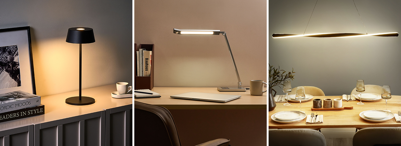 Three panels: a black cordless table lamp, a silver LED desk lamp over a laptop, and a wave-shaped pendant light over a dining table.