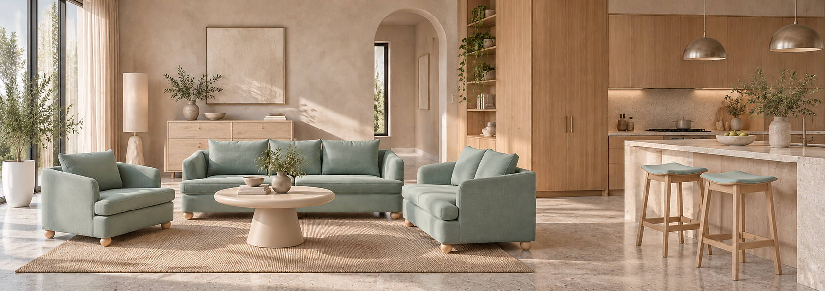 Minimalist style interior with simple and light furniture.