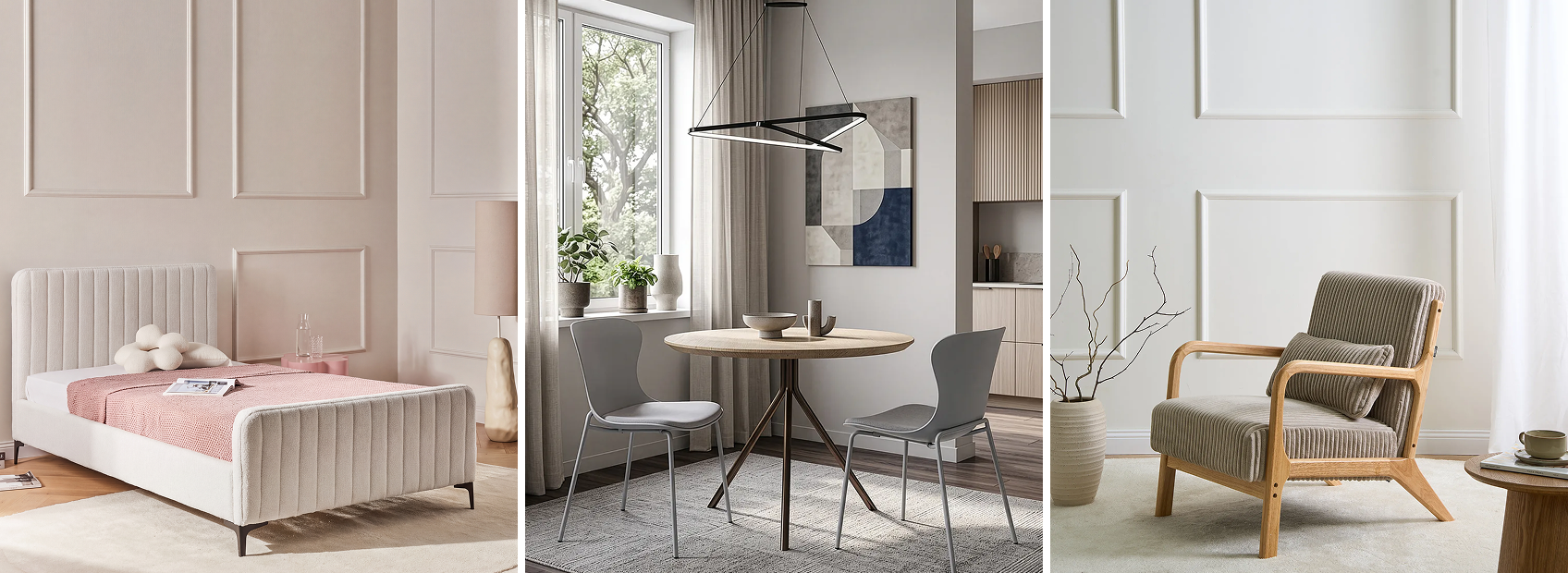 Collage of minimalist style interior design features including a bedroom, dining area and lounging area.