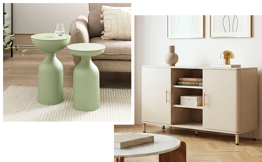 Minimalist steel furniture and accessories, including side tables and a sideboard.