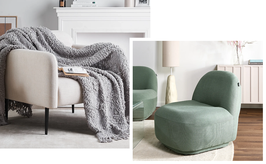 Minimalist armchairs with soft fabric upholstery in light colours.