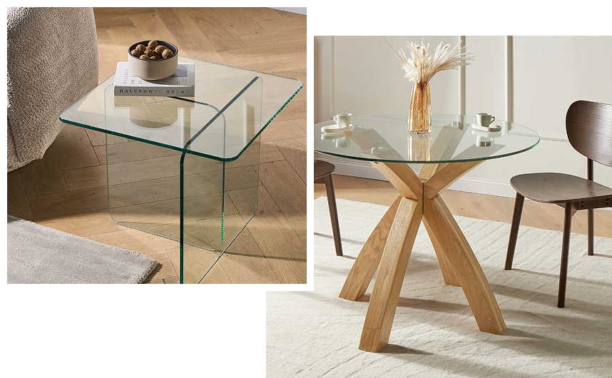 Minimalist sidetable and dining table, showcasing high-quality glass tabletops.