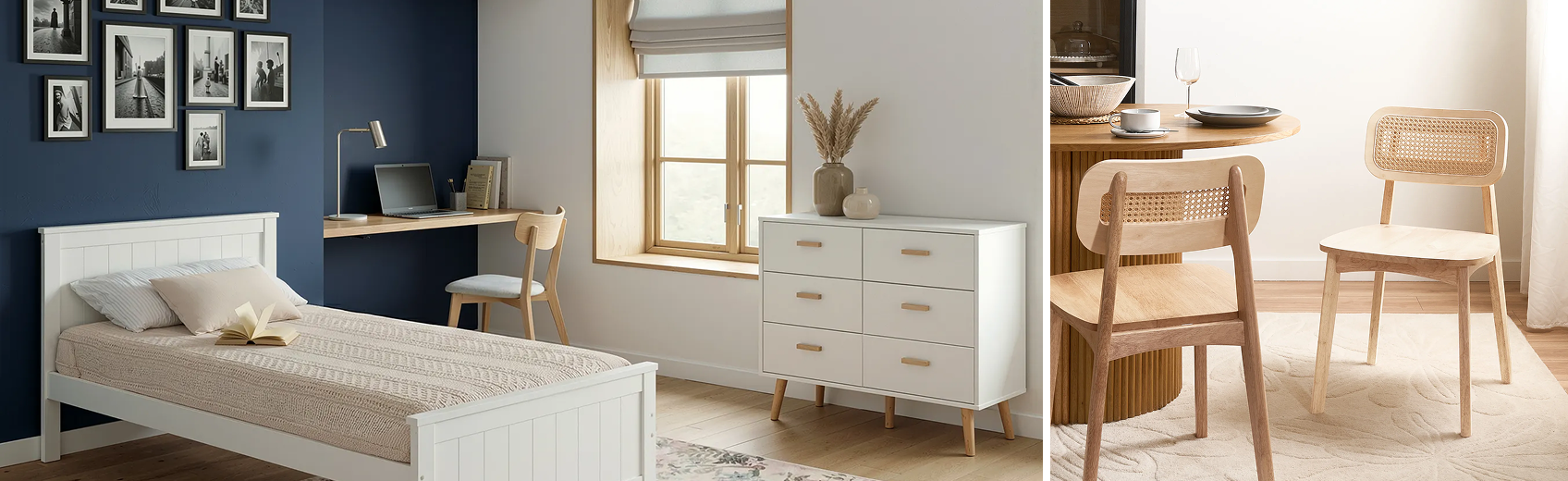 Collage consisting of a picture focused on a bed and a dining chair, crafted from solid, natural wood.