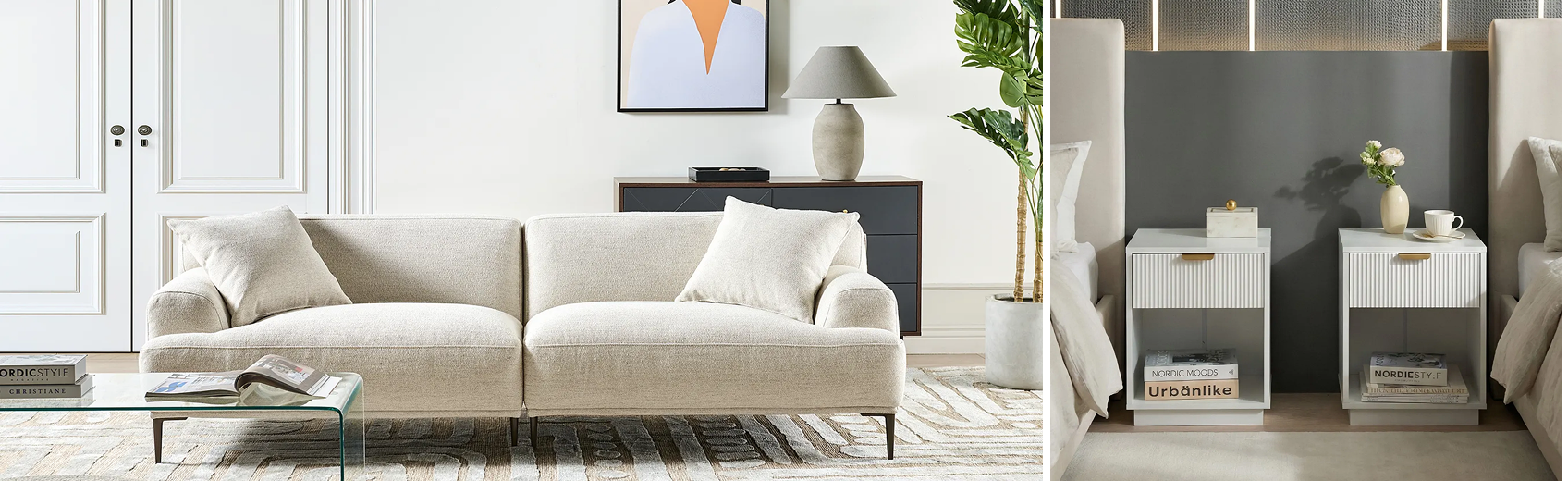 Minimalist sofa and bedside tables with symmetrical design.
