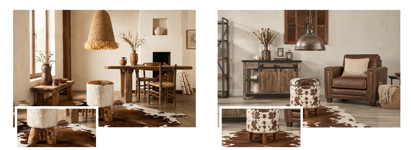 Rustic furniture with authentic imperfections including wood knots, cracks and distressed surface details