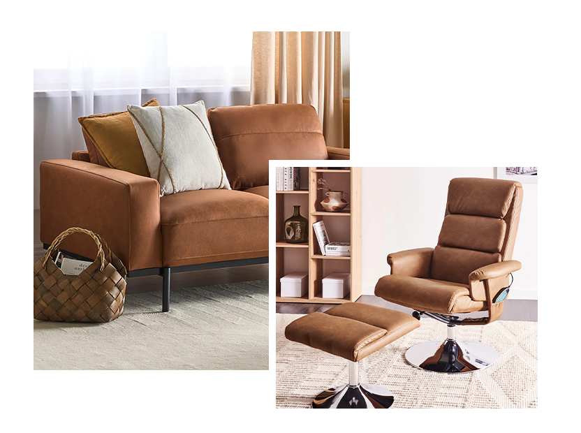 Rustic leather armchair and sfoa with natural patina and warm brown tones for cosy living room furniture