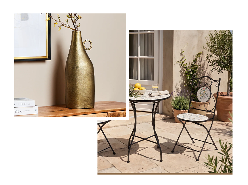 Rustic metal furniture details including iron frame chairs and aluminium vase in brass colour
