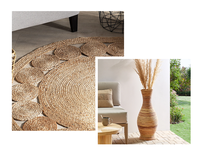 Natural fibre textures in rustic interior including basket, pot, rug