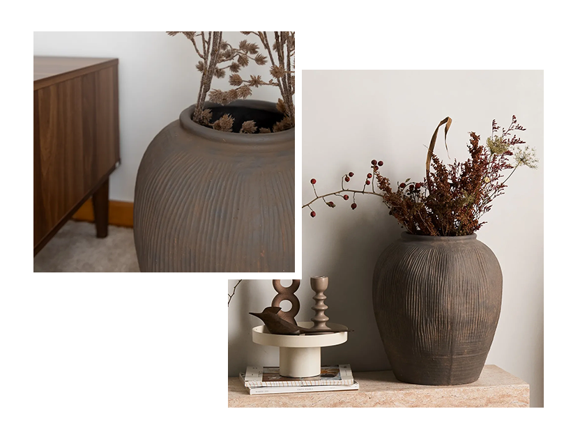 Rustic stone and ceramic accessories including terracotta pots and stoneware bowls for natural home decor