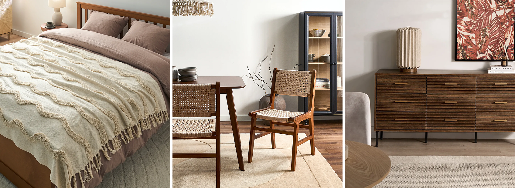 Collage of rustic style interior design features including natural wood, stone and linen textures