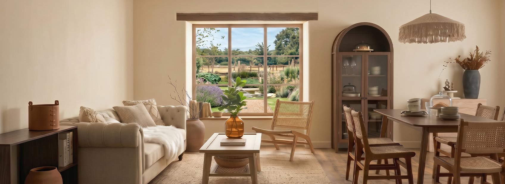 Rustic style interior with natural wood furniture and warm earthy tones