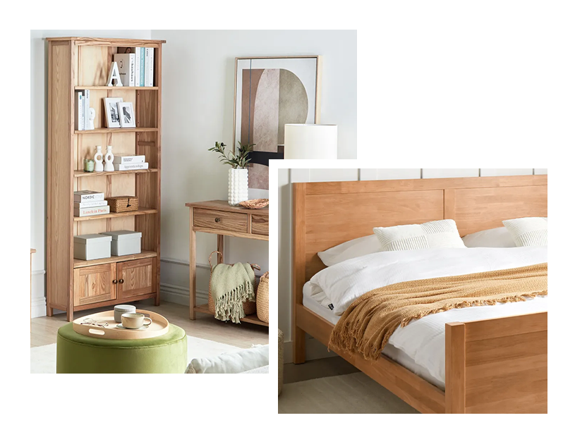 Solid wood rustic furniture with visible natural grain and warm tones