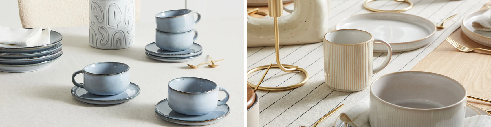 Ceramic cups and mugs in coordinated sets, including stoneware and porcelain finishes