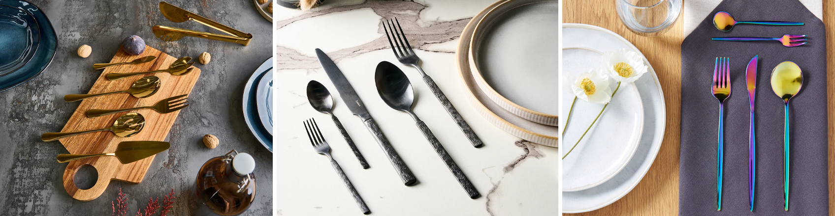 Stainless steel cutlery sets in silver, gold, black, and multicolour finishes