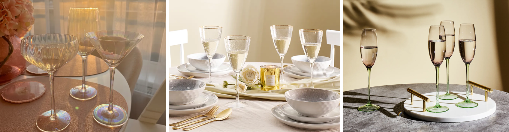Glassware collection including wine glasses, champagne flutes, saucers, and martini glasses