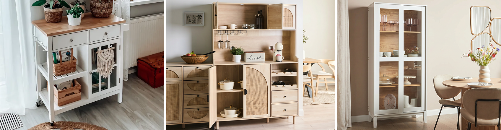 Range of kitchen storage options including open shelving, wine racks, and freestanding units