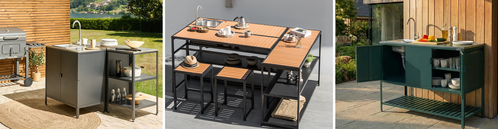 Outdoor kitchen islands, cabinets, and serving trolleys in metal and wood finishes