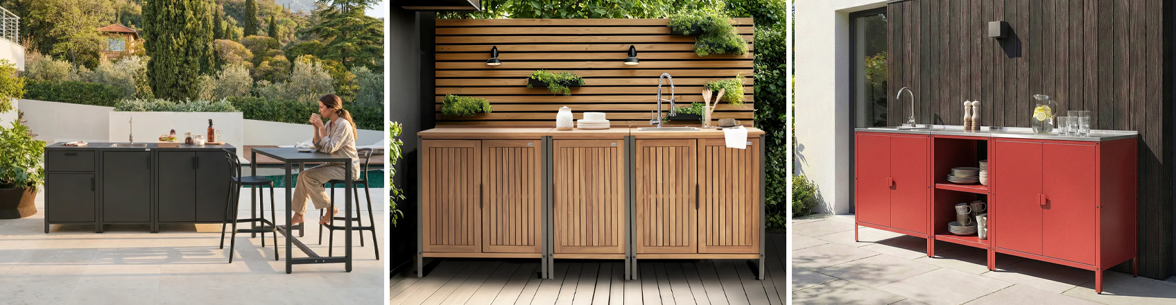 Outdoor kitchen sets in two, three, and four-piece configurations with metal and wood frames