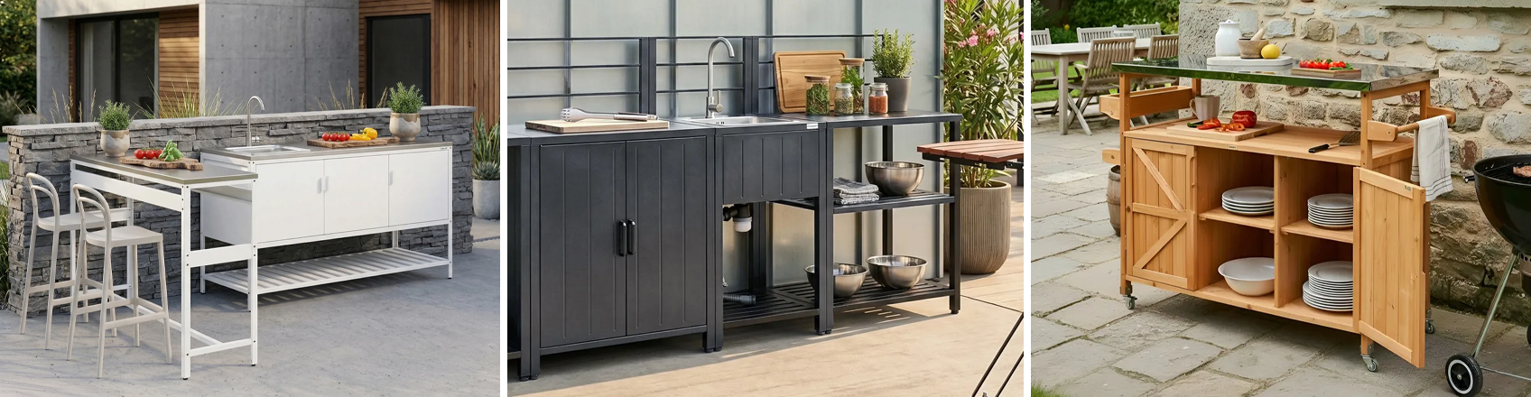 Outdoor kitchen setup with islands, cabinets, and worktops in metal and wood finishes