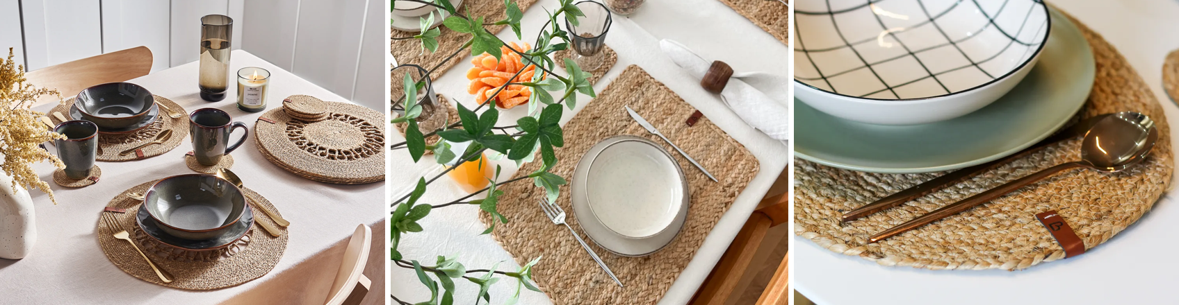 Natural fibre placemats and coasters in jute, seagrass, and cotton