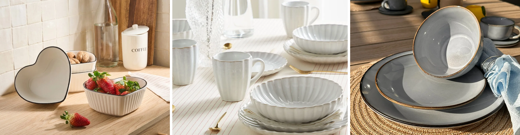 Ceramic plates and bowls in assorted colours, including dinner plates, side plates, deep plates, and bowls
