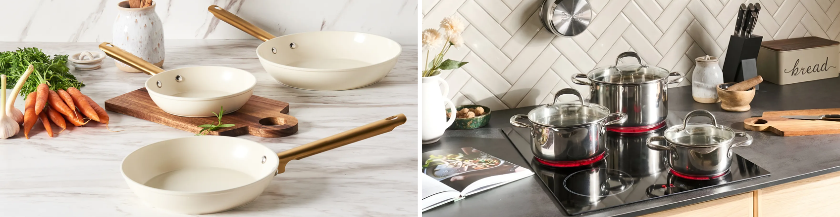 Cookware collection including frying pans, saucepans, and pots in a range of sizes