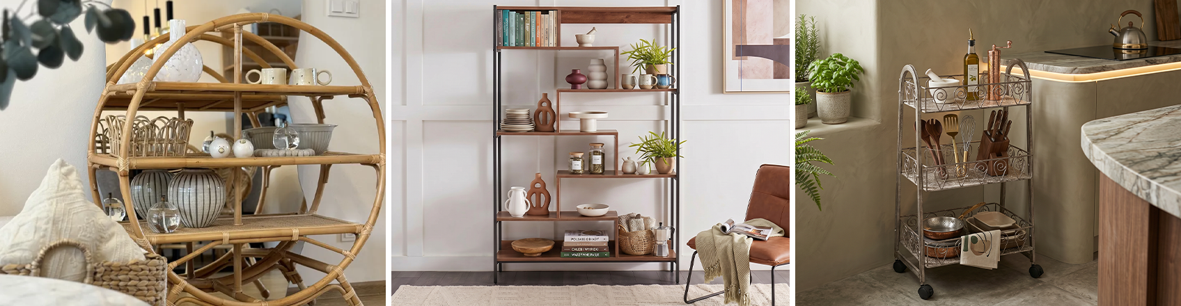 Kitchen shelves and shelving units displaying jars, cookbooks, and ceramics