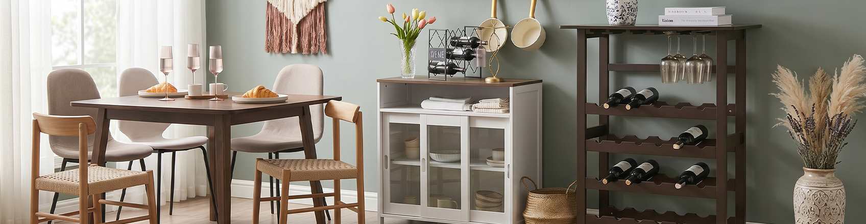Wine racks and bottle holders in wood and metal finishes for kitchen and dining storage