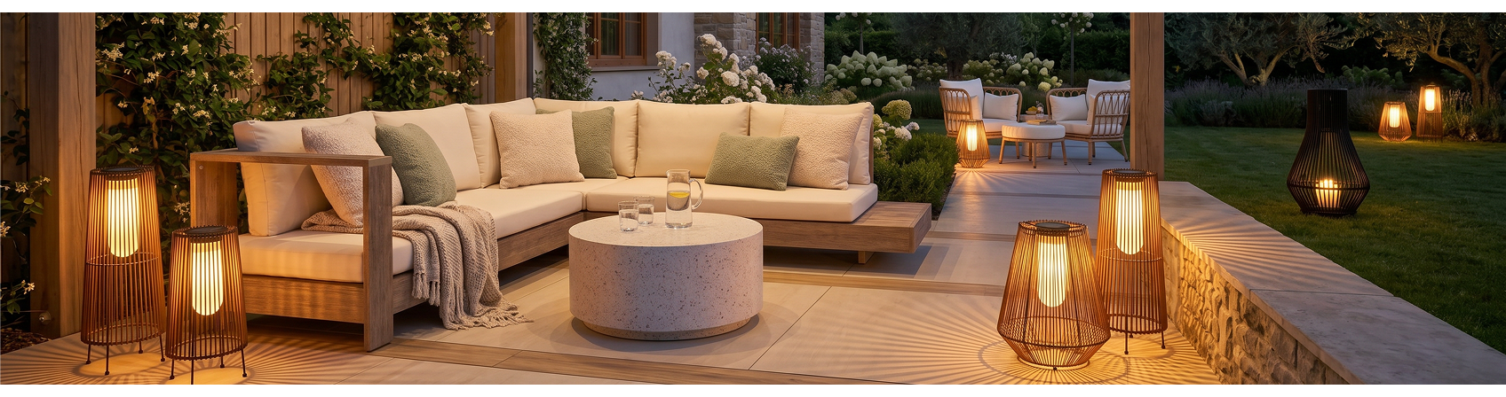 A cosy outdoor lounge set surrounded by garden lanterns of various sizes.