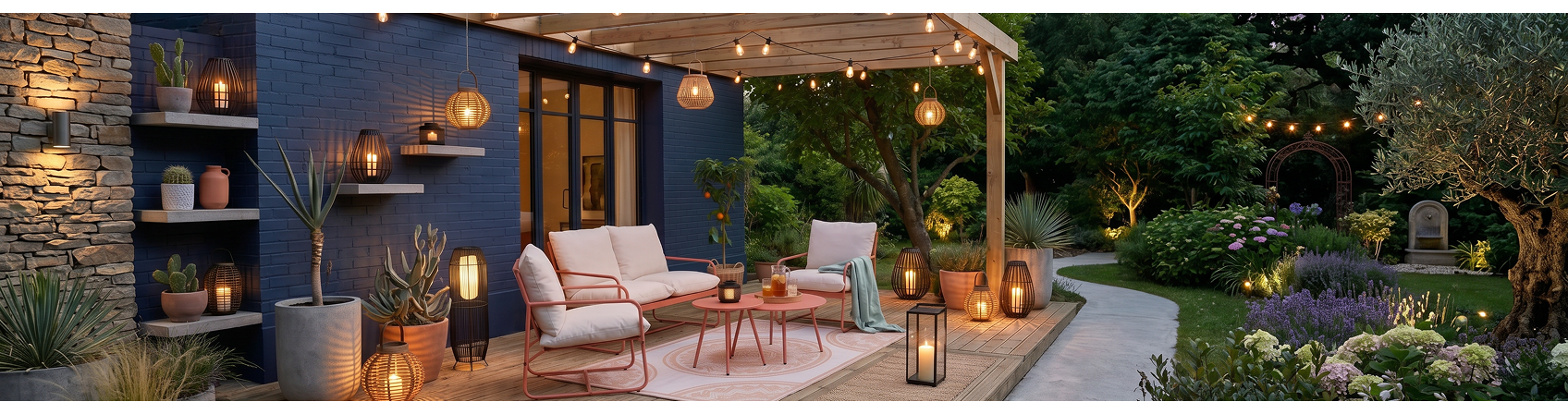 A picture showing an outdoor evening scenery, featuring floor and hanging lanterns of various sizes.