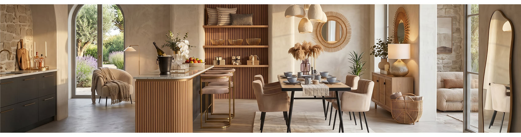 image showcasing a living area wirh bar chairs, a dining set, dinnerware, mirrors and other practical everyday items