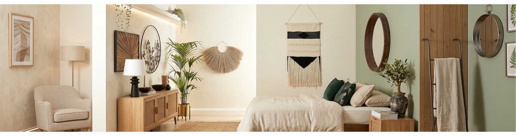 A picture of a heavily decorated bedroom with wall ornaments, pieces of art, mirrors and fabric wall hanging.