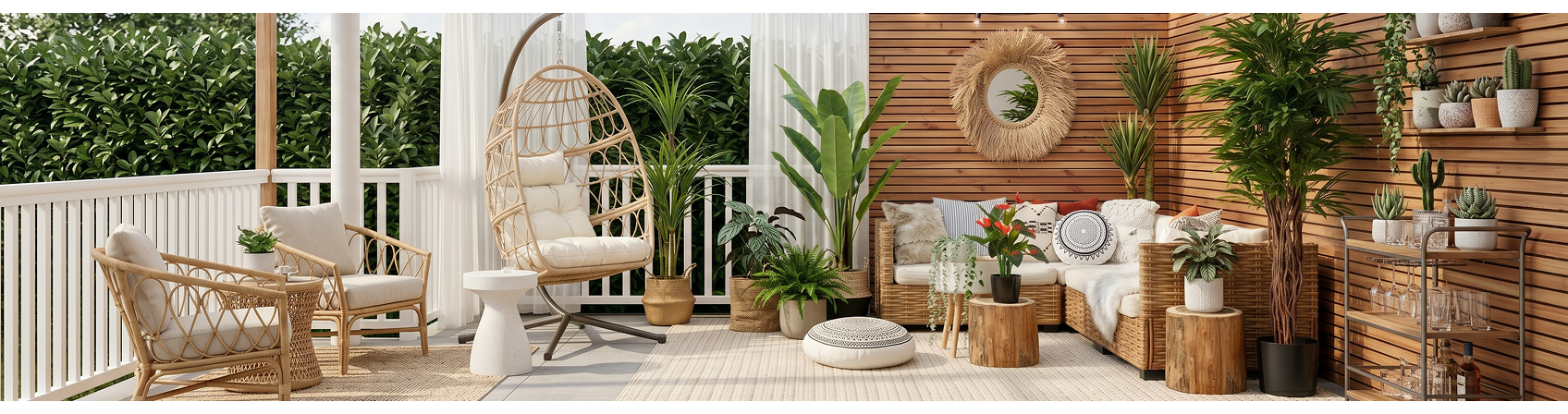 A picture showing an outdoor scenery, featuring a plethora of artificial plants.