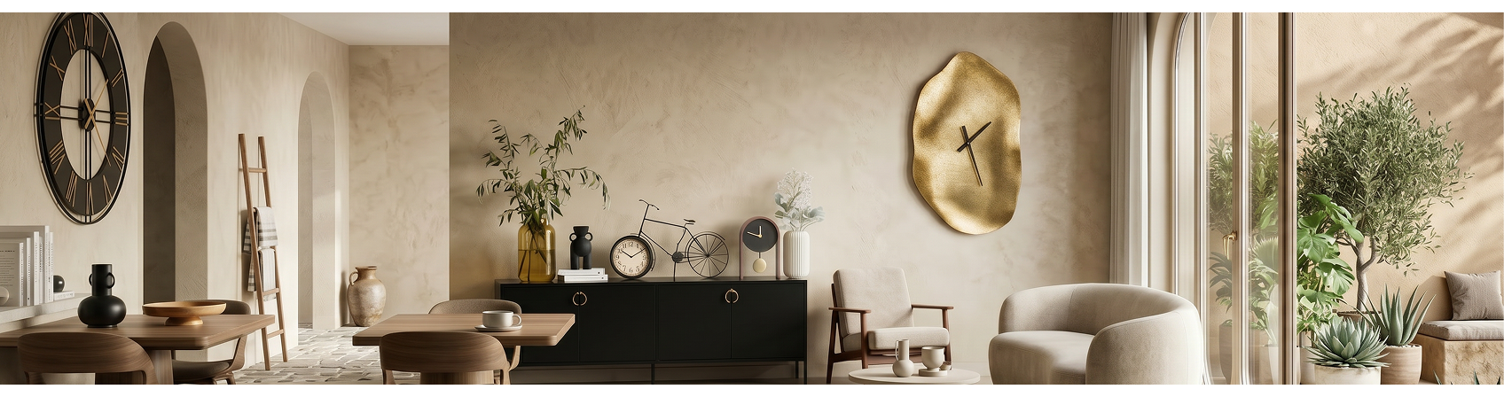 A picture of a living room, featuring multiple clocks in different styles and sizes.