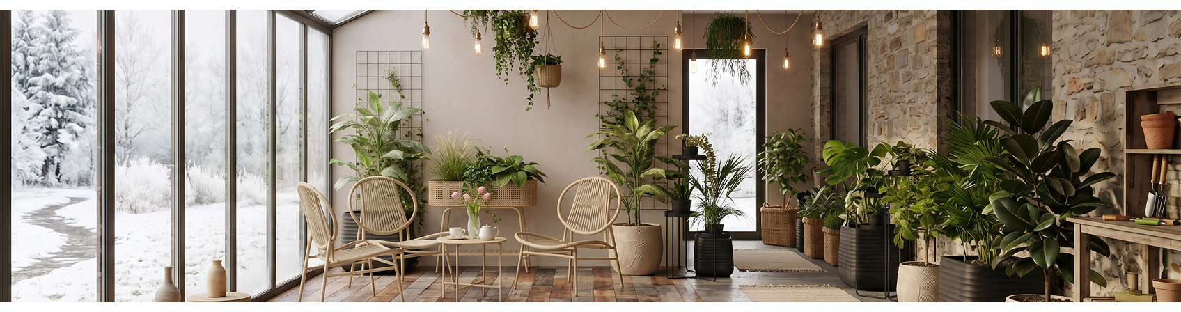 A picture of a living area, featuring a variety of plant pots - standing and hanging in various sizes.