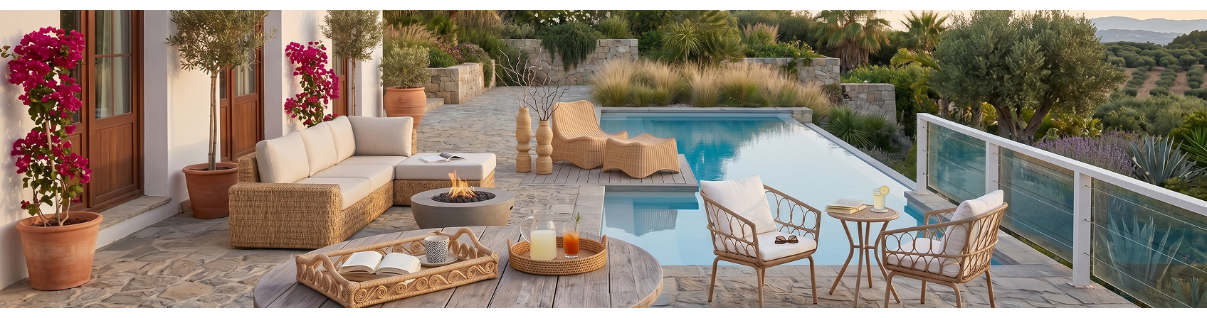Ein Gartenbereich mit Rattanmöbeln wie Stühlen, einer Liege, einem Sofa und Rattan-Accessoires
