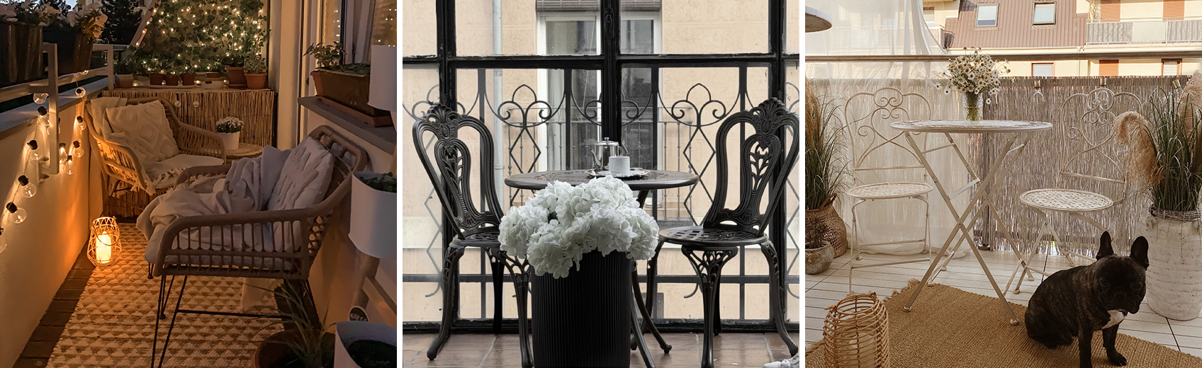 Three balcony layouts showing space-saving furniture arrangements and vertical plant decor
